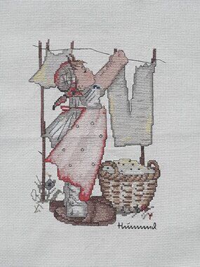 Finished Cross Stitch Signed Girl Hanging Laundry Completed 14" x 12"